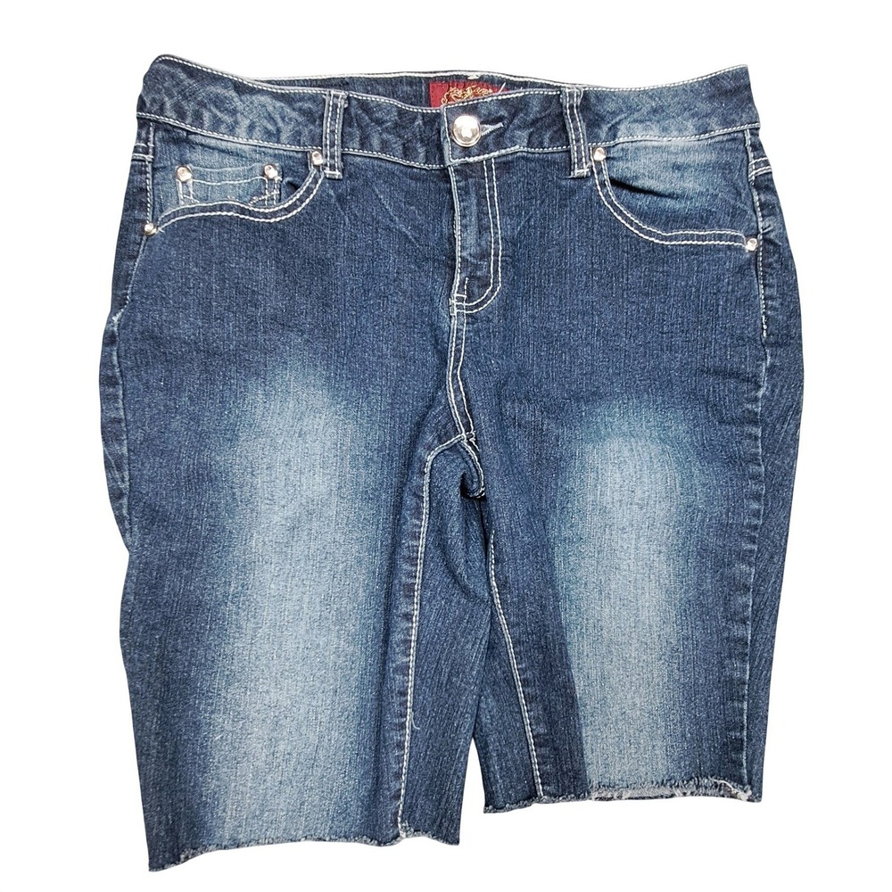 One 5 One Embellished Bermuda Denim Shorts Dark Wash Rhinestone Raw Hem Size 10